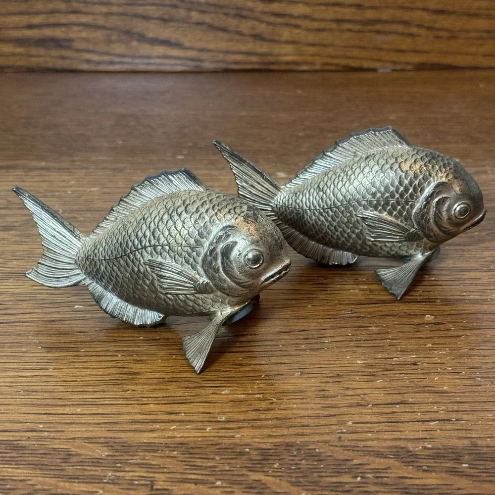 Vintage Brass Fish Salt & Pepper Shakers Set Pair 3